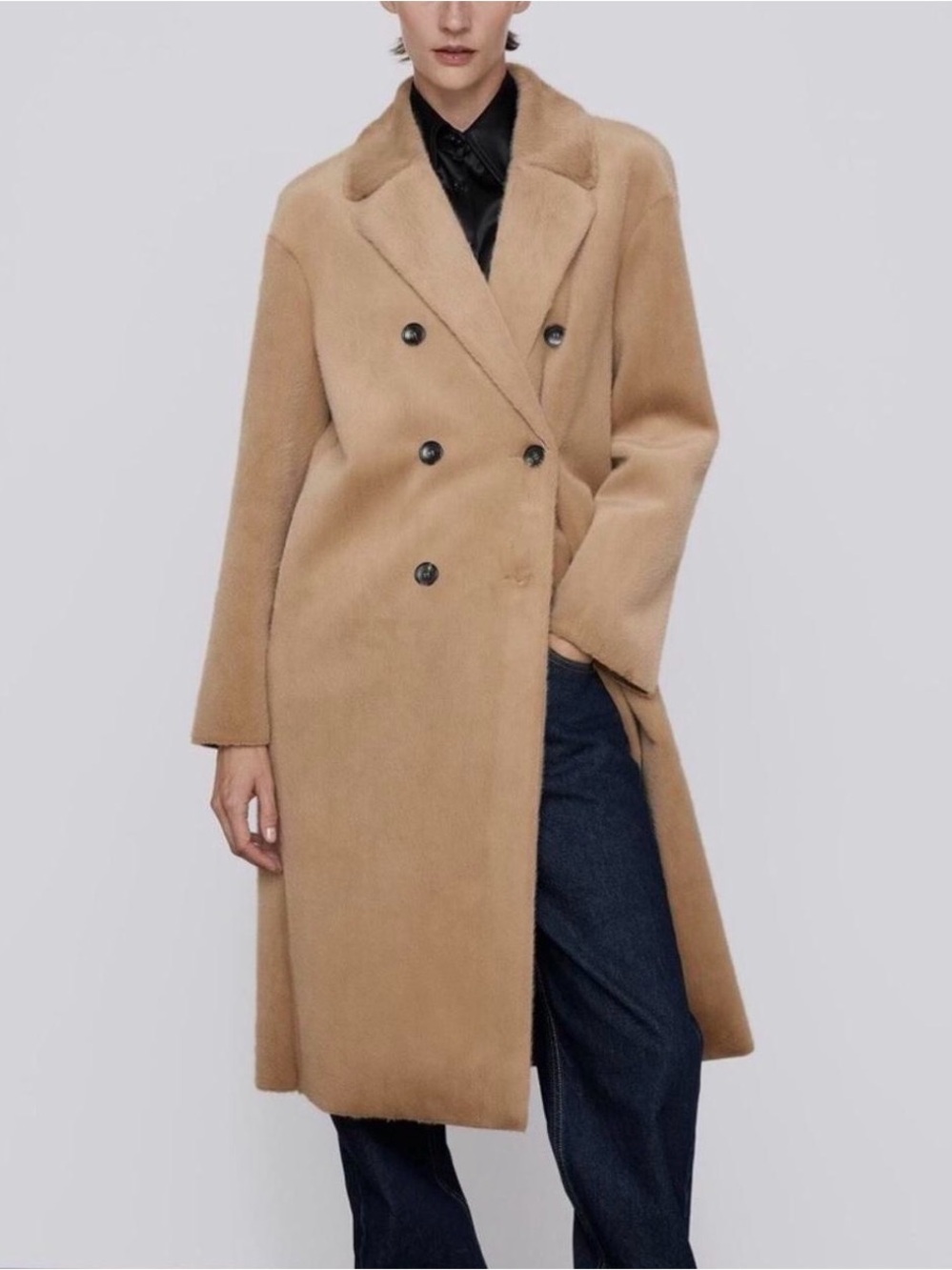 Zara Double-Breasted Long Camel Trench Coat